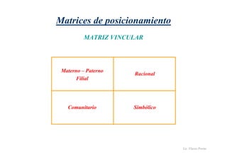 Lic. Flavio Porini 
Matrices de posicionamiento 
MATRIZ VINCULAR 
Materno – Paterno 
Filial 
Racional 
Comunitario Simbólico 
 