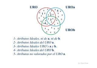Lic. Flavio Porini 
URO 
UROa 
x 
1 x 
2 
x 
x 
x x 
x 
x 
x 
x 
x 
x 
5 
x 
x 
x x 
3 
x 
x 
x 
x 
x 
x 
x 
4 
x 
x 
x 
x 
x 
x 
x 
x 
x x 
x 
x 
UROb 
1- Atributos Ideales, ni de a, ni de b. 
2- Atributos Ideales del URO a. 
3- Atributos Ideales URO’s a y b. 
4- Atributos Ideales del URO b. 
5- Atributos no valorados por el URO a. 
 