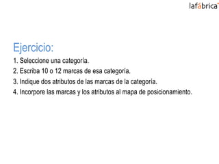 Ejercicio:
1. Seleccione una categoría.
2. Escriba 10 o 12 marcas de esa categoría.
3. Indique dos atributos de las marcas de la categoría.
4. Incorpore las marcas y los atributos al mapa de posicionamiento.
 