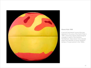 14
Ozone Hole 1990
A second permanent ozone hole was
detected in the area of the North Pole in
1990, producing radical meteorological
changes in parts of the Northern
Hemisphere. Data shown here indicate
areas and intensity of ozone depletion
during a 10-year period in the 1980s.
 