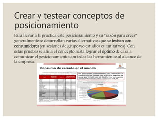 Crear y testear conceptos de
posicionamiento
Para llevar a la práctica este posicionamiento y su “razón para creer”
generalmente se desarrollan varias alternativas que se testean con
consumidores (en sesiones de grupo y/o estudios cuantitativos). Con
estas pruebas se afina el concepto hasta lograr el óptimo de cara a
comunicar el posicionamiento con todas las herramientas al alcance de
la empresa.
 