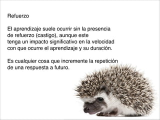 Refuerzo

El aprendizaje suele ocurrir sin la presencia 
de refuerzo (castigo), aunque este 
tenga un impacto significativo en la velocidad
con que ocurre el aprendizaje y su duración.

Es cualquier cosa que incremente la repetición 
de una respuesta a futuro.

 