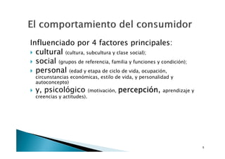 Influenciado por 4 factores principales:
  cultural (cultura, subcultura y clase social);
  social (grupos de referencia, familia y funciones y condición);
  personal (edad y etapa de ciclo de vida, ocupación,
  circunstancias económicas, estilo de vida, y personalidad y
  autoconcepto)
  y, psicológico            (motivación,   percepción,
                                           percepción    aprendizaje y
  creencias y actitudes).




                                                                         5
 