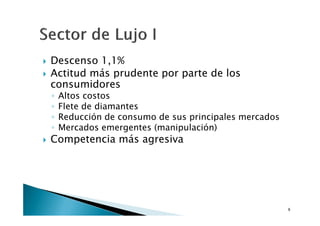 Descenso 1,1%
Actitud más prudente por parte de los
consumidores
◦   Altos costos
◦   Flete de diamantes
◦   Reducción de consumo de sus principales mercados
◦   Mercados emergentes (manipulación)
Competencia más agresiva




                                                       9
 