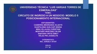 UNIVERSIDAD TÉCNICA “LUIS VARGAS TORRES DE
ESMERALDAS”
TEMA:
CIRCUITO DE INGRESO A UN NEGOCIO: MODELO 5
POSICIONAMIENTO INTERNACIONAL
ESTUDIANTES:
CASIERRA MEDRANDA GLADYS
GUAPULEMA GUILCAPI SINDIA
MINA VILLALBA CHRISTIAN
MONTAÑO MARTINEZ SILEM
SANTANA ORTIZ EMILY
VÉLEZ PIN JOSSELYN
CATEDRÁTICO:
ING. JORGELY AYOVÍ
CICLO:
7mo “A”
 
