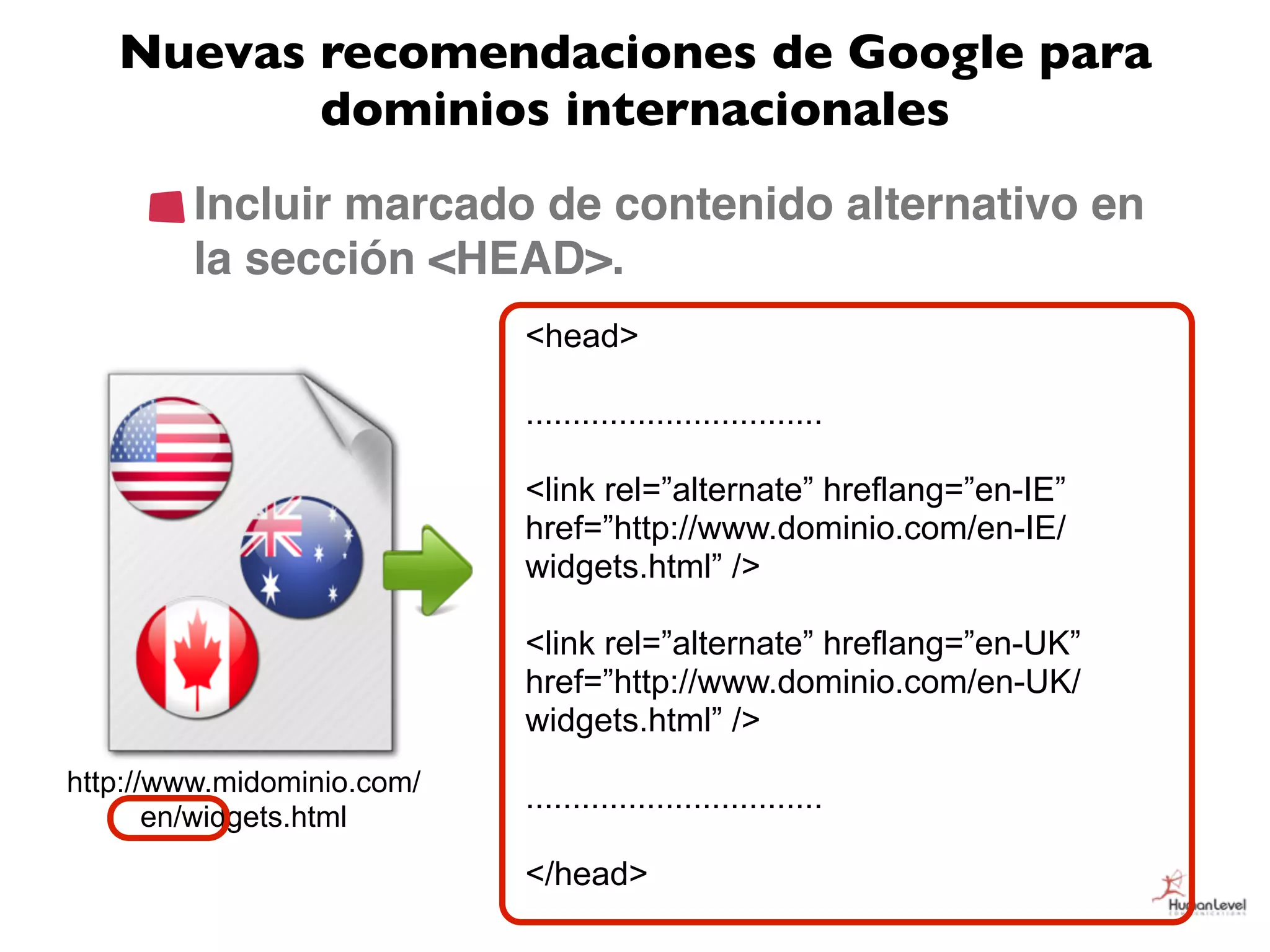 Nuevas recomendaciones de Google para
          dominios internacionales
        Incluir marcado de contenido alternativo en
        la sección <HEAD>.
                            <head>

                            ................................

                            <link rel=”alternate” hreflang=”en-IE”
                            href=”http://www.dominio.com/en-IE/
                            widgets.html” />

                            <link rel=”alternate” hreflang=”en-UK”
                            href=”http://www.dominio.com/en-UK/
                            widgets.html” />
http://www.midominio.com/
                            ................................
       en/widgets.html
                            </head>
 