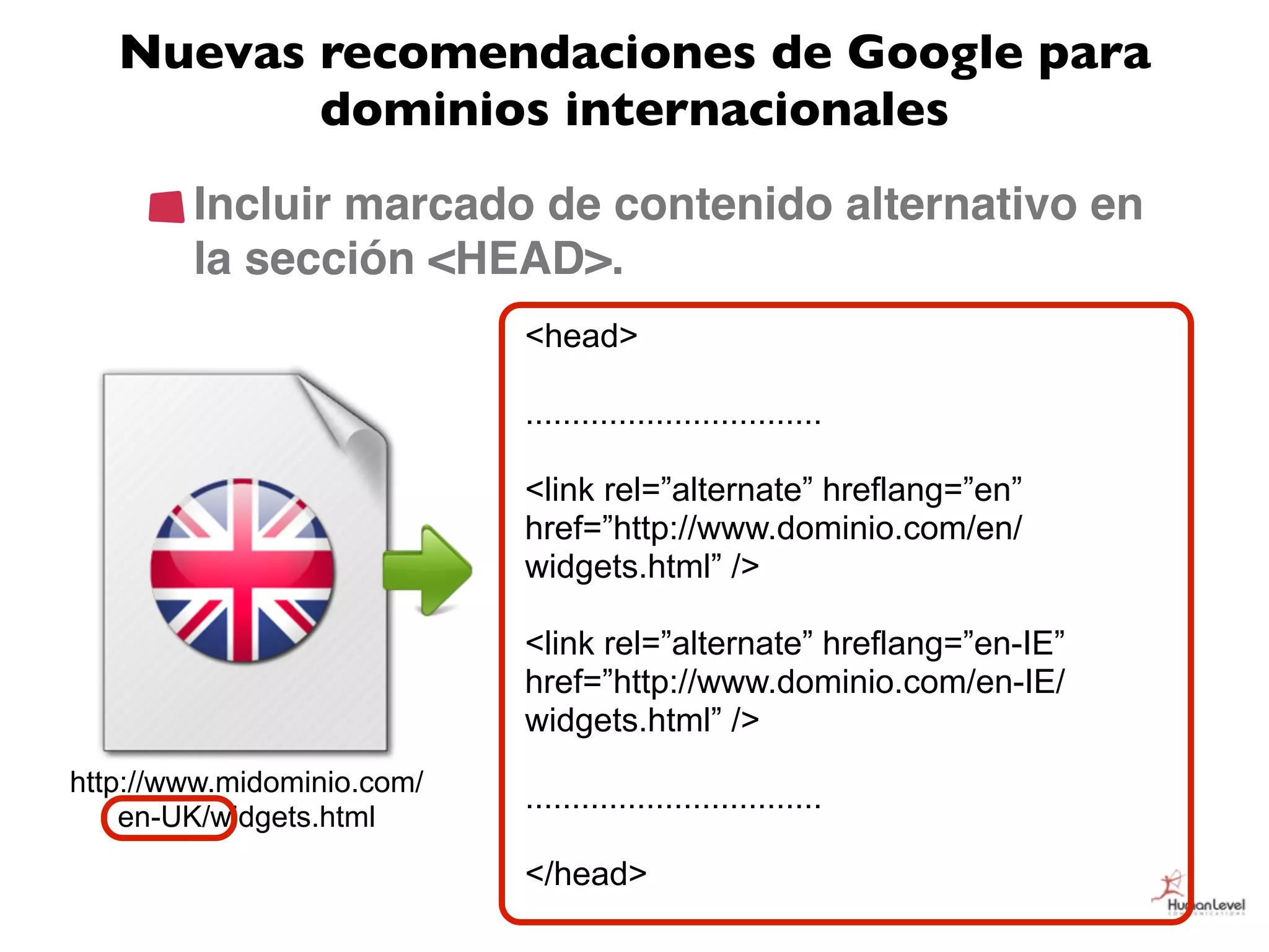 Nuevas recomendaciones de Google para
          dominios internacionales
        Incluir marcado de contenido alternativo en
        la sección <HEAD>.
                            <head>

                            ................................

                            <link rel=”alternate” hreflang=”en”
                            href=”http://www.dominio.com/en/
                            widgets.html” />

                            <link rel=”alternate” hreflang=”en-IE”
                            href=”http://www.dominio.com/en-IE/
                            widgets.html” />
http://www.midominio.com/
                            ................................
    en-UK/widgets.html
                            </head>
 