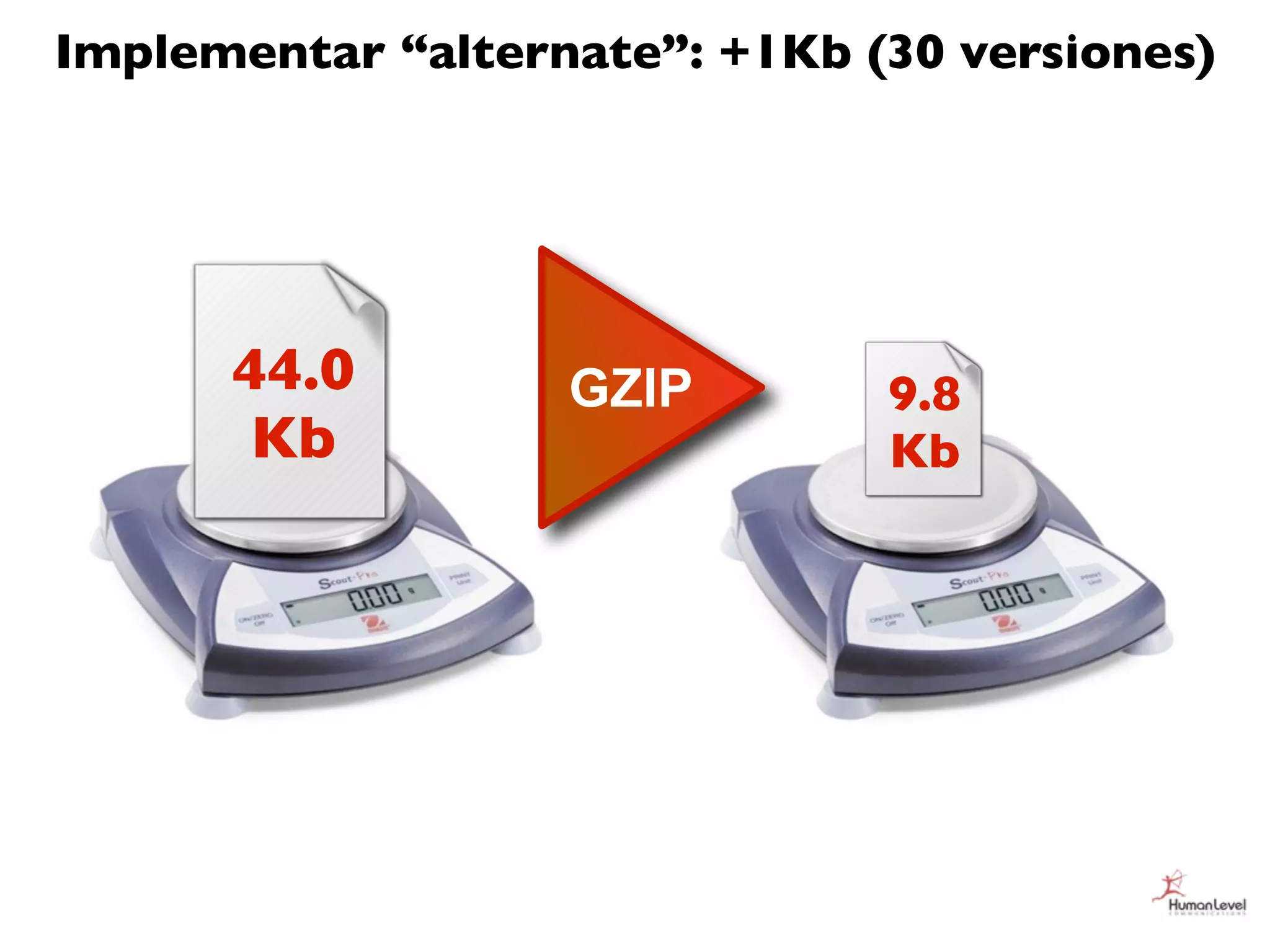 Implementar “alternate”: +1Kb (30 versiones)




      44.0         GZIP        9.8
       Kb                      Kb
 