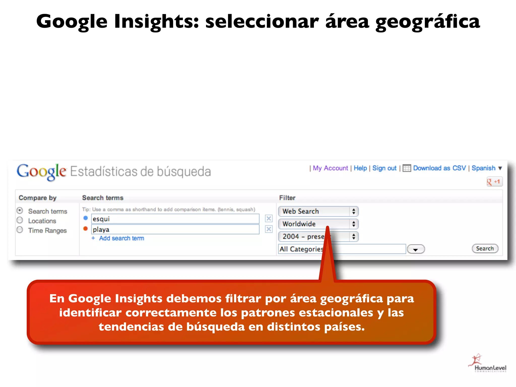 Google Insights: seleccionar área geográﬁca




 En Google Insights debemos ﬁltrar por área geográﬁca para
  identiﬁcar correctamente los patrones estacionales y las
        tendencias de búsqueda en distintos países.
 