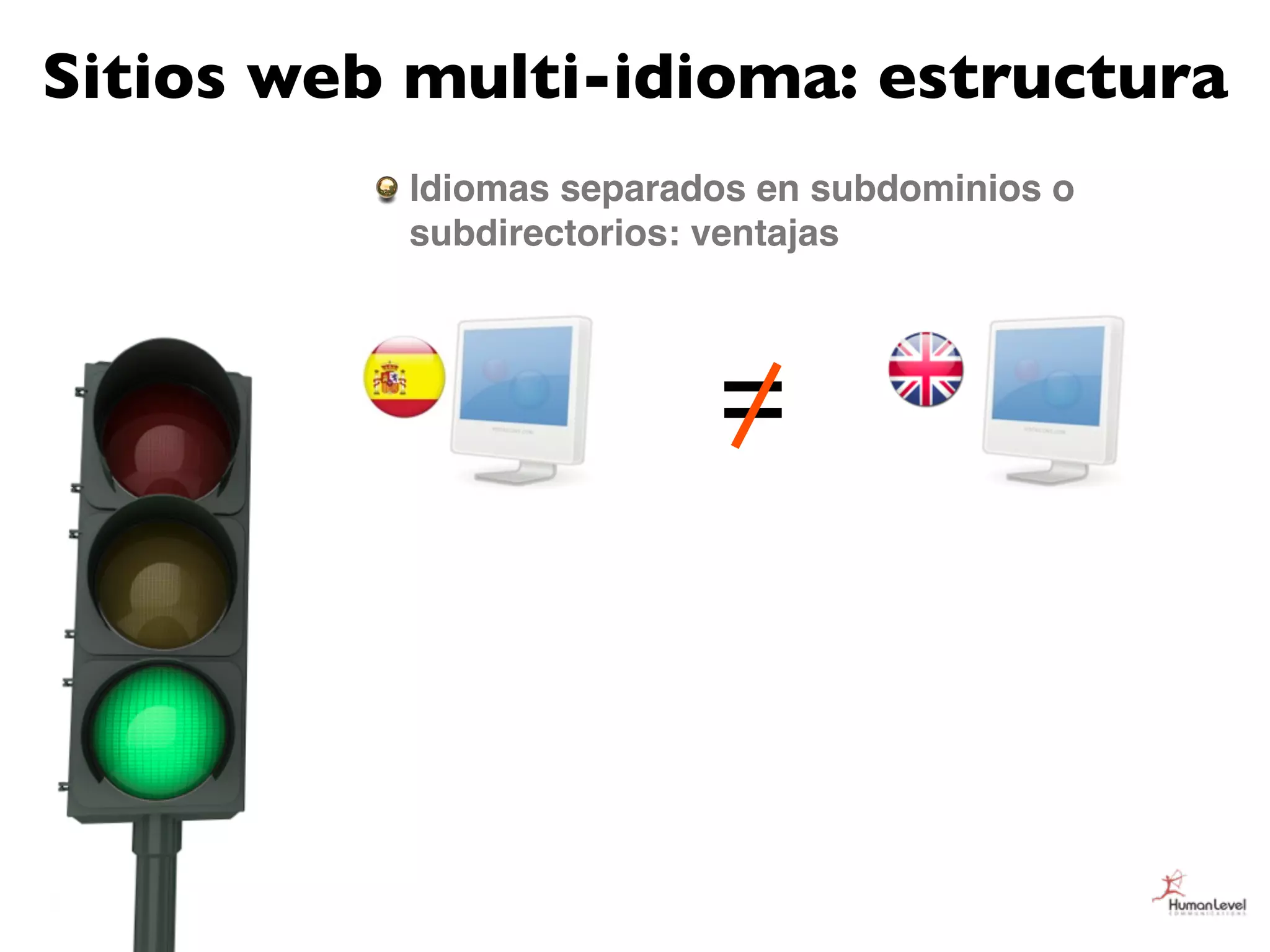 Sitios web multi-idioma: estructura
          Idiomas separados en subdominios o
          subdirectorios: ventajas




                         =
 