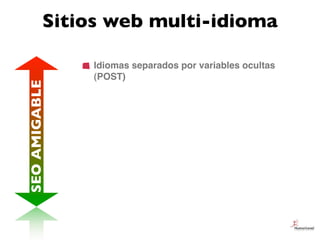 Sitios web multi-idioma

               Idiomas separados por variables ocultas
               (POST)
SEO AMIGABLE
 