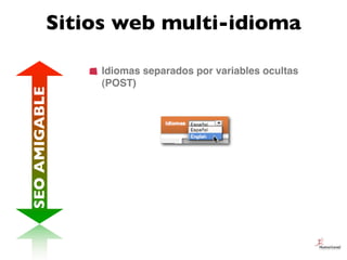 Sitios web multi-idioma

               Idiomas separados por variables ocultas
               (POST)
SEO AMIGABLE
 