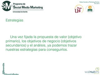 Redes Sociales y Marketing On-line
2013-2014

Estrategias

@SmmUs

Una vez fijada la propuesta de valor (objetivo
primario), los objetivos de negocio (objetivos
secundarios) y el análisis, ya podemos trazar
nuestras estrategias para conseguirlos.

 