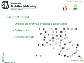 Redes Sociales y Marketing On-line
2013-2014

.- En la actualidad
.- Una red de información basada en personas
.- Bidireccional

@SmmUs

.- Acceso ilimitado

 