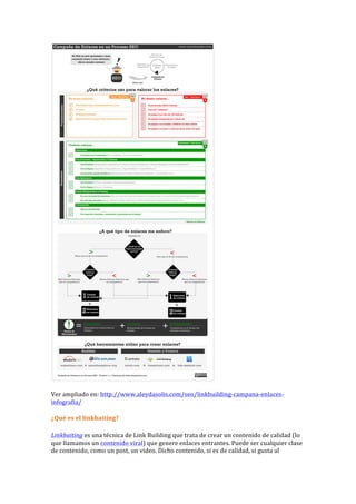  
Ver	
  ampliado	
  en:	
  http://www.aleydasolis.com/seo/linkbuilding-­‐campana-­‐enlaces-­‐
infografia/	
  
¿Qué	
  es	
  el	
  linkbaiting?	
  
Linkbaiting	
  es	
  una	
  técnica	
  de	
  Link	
  Building	
  que	
  trata	
  de	
  crear	
  un	
  contenido	
  de	
  calidad	
  (lo	
  
que	
  llamamos	
  un	
  contenido	
  viral)	
  que	
  genere	
  enlaces	
  entrantes.	
  Puede	
  ser	
  cualquier	
  clase	
  
de	
  contenido,	
  como	
  un	
  post,	
  un	
  video.	
  Dicho	
  contenido,	
  si	
  es	
  de	
  calidad,	
  si	
  gusta	
  al	
  
 