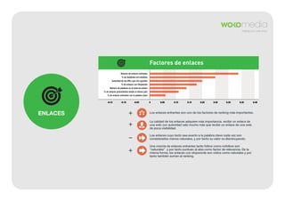 Factores de enlaces
Número de enlaces entrantes
% de backlinks rel=nofollow
Autoridad de las URLs que nos apuntan
% de enlaces con Stopwords
Número de palabras en el texto de enlace
% de enlaces provenientes desde el mismo país
% de enlaces entrantes con la palabra clave
-0.15

ENLACES

-0.10

-0.05

0

0.05

0.10

0.15

0.20

0.25

0.30

0.35

0.40

Los enlaces entrantes son uno de los factores de ranking más importantes.
La calidad de los enlaces adquiere más importancia. recibir un enlace de
una web con autoridad vale mucho más que recibir un enlace de una web
de poca visibilidad.
Los enlaces cuyo texto sea exacto a la palabra clave cada vez son
considerados menos naturales, y por tanto su valor va disminuyendo.
Una mezcla de enlaces entrantes tanto follow como nofollow son
“naturales” y por tanto puntuan al alza como factor de relevancia. De la
misma forma, los enlaces con stopwords son vistos como naturales y por
tanto también suman al ranking.

 