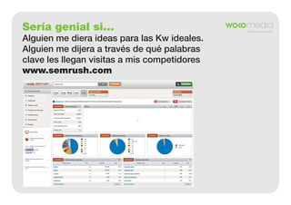 Sería genial si...
Alguien me diera ideas para las Kw ideales.
Alguien me dijera a través de qué palabras
clave les llegan visitas a mis competidores
www.semrush.com

 