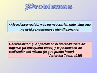 Problemas Algo desconocido, más no necesariamente  algo que no está por conocerse científicamente. Contradicción que aparece en el planteamiento del objetivo (lo que quiero hacer) y la posibilidad de realización del mismo (lo que puedo hacer) Vetter (en Tecla, 1980) 