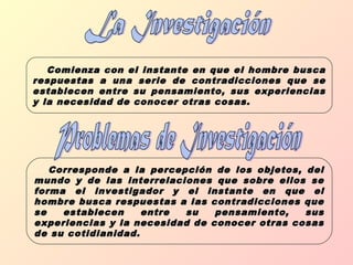 Comienza con el instante en que el hombre buscaComienza con el instante en que el hombre busca
respuestas a una serie de contradicciones que serespuestas a una serie de contradicciones que se
establecen entre su pensamiento, sus experienciasestablecen entre su pensamiento, sus experiencias
y la necesidad de conocer otras cosas.y la necesidad de conocer otras cosas.
Corresponde a la percepción de los objetos, delCorresponde a la percepción de los objetos, del
mundo y de las interrelaciones que sobre ellos semundo y de las interrelaciones que sobre ellos se
forma el investigador y el instante en que elforma el investigador y el instante en que el
hombre busca respuestas a las contradicciones quehombre busca respuestas a las contradicciones que
se establecen entre su pensamiento, susse establecen entre su pensamiento, sus
experiencias y la necesidad de conocer otras cosasexperiencias y la necesidad de conocer otras cosas
de su cotidianidad.de su cotidianidad.
 
