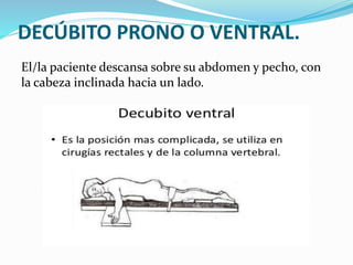 DECÚBITO PRONO O VENTRAL.
El/la paciente descansa sobre su abdomen y pecho, con
la cabeza inclinada hacia un lado.
 