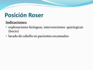 Posición Roser
Indicaciones:
 exploraciones faríngeas, intervenciones quirúrgicas
(bocio)
 lavado de cabello en pacientes encamados
 