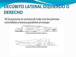 DECÚBITO LATERAL IZQUIERDO O
DERECHO
El/la paciente se acuestade lado con las piernas
extendidasy brazos paralelosal cuerpo
 