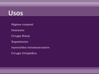 Higiene corporal

Descanso

Cirugía Renal

Supositorios

Inyectables intramusculares

Cirugía Ortopédica
 
