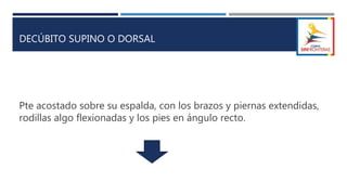 DECÚBITO SUPINO O DORSAL
Pte acostado sobre su espalda, con los brazos y piernas extendidas,
rodillas algo flexionadas y los pies en ángulo recto.
 