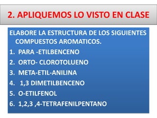2. APLIQUEMOS LO VISTO EN CLASE
ELABORE LA ESTRUCTURA DE LOS SIGUIENTES
COMPUESTOS AROMATICOS.
1. PARA -ETILBENCENO
2. ORTO- CLOROTOLUENO
3. META-ETIL-ANILINA
4. 1,3 DIMETILBENCENO
5. O-ETILFENOL
6. 1,2,3 ,4-TETRAFENILPENTANO
 