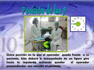 Posicion de las 9  Única posición en la que el operador  queda frente  a su paciente, ésta deberá ir acompañada de un ligero giro hacia la izquierda evitando quedar  el operador perpendicular  con relación al paciente. Posición de las 9 