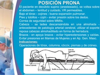 COMPANY LOGO
www.themegallery.com
POSICIÓN PRONA
El paciente en decúbito supino (anestesiado), se voltea sobre
el abdomen – lentitud y cuidado, VR permeables.
Bajo el tórax - cojines - buena expansión pulmonar.
Pies y tobillos – cojín - evitar presión sobre los dedos.
Correa de seguridad sobre MMIIs.
Cabeza - se ladea descansándola en una almohada -
antecedentes de patología arterial cerebral, utilizar el soporte
reposa cabezas almohadillado en forma de herradura.
Brazos - en apoya brazos - evitar hiperextensiones y caídas.
Evitar presiones en Mamas de Mujeres y en Ap. Gen. Masc.
Indicaciones:
Operaciones de tórax, columna, cóccix, piernas y de cráneo.
 