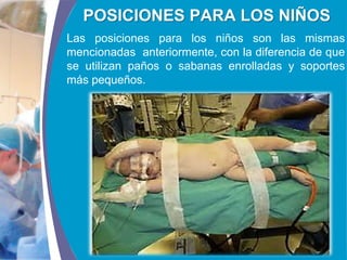 COMPANY LOGO
www.themegallery.com
POSICIONES PARA LOS NIÑOS
Las posiciones para los niños son las mismas
mencionadas anteriormente, con la diferencia de que
se utilizan paños o sabanas enrolladas y soportes
más pequeños.
 