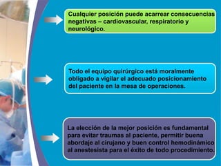 COMPANY LOGO
Cualquier posición puede acarrear consecuencias
negativas – cardiovascular, respiratorio y
neurológico.
Todo el equipo quirúrgico está moralmente
obligado a vigilar el adecuado posicionamiento
del paciente en la mesa de operaciones.
La elección de la mejor posición es fundamental
para evitar traumas al paciente, permitir buena
abordaje al cirujano y buen control hemodinámico
al anestesista para el éxito de todo procedimiento.
 
