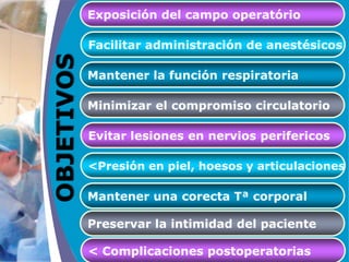 COMPANY LOGO
www.themegallery.com
Mantener la función respiratoria
Minimizar el compromiso circulatorio
OBJETIVOS
<Presión en piel, hoesos y articulaciones
Mantener una corecta Tª corporal
Preservar la intimidad del paciente
Exposición del campo operatório
Evitar lesiones en nervios perifericos
< Complicaciones postoperatorias
Facilitar administración de anestésicos
 