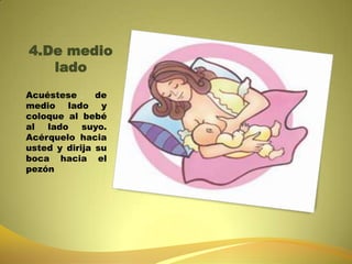 4.De medio
lado
Acuéstese de
medio lado y
coloque al bebé
al lado suyo.
Acérquelo hacia
usted y dirija su
boca hacia el
pezón
 