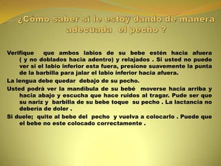 Verifique que ambos labios de su bebe estén hacia afuera
( y no doblados hacia adentro) y relajados . Si usted no puede
ver si el labio inferior esta fuera, presione suavemente la punta
de la barbilla para jalar el labio inferior hacia afuera.
La lengua debe quedar debajo de su pecho.
Usted podrá ver la mandíbula de su bebé moverse hacia arriba y
hacia abajo y escucha que hace ruidos al tragar. Pude ser que
su nariz y barbilla de su bebe toque su pecho . La lactancia no
debería de doler .
Si duele; quite al bebe del pecho y vuelva a colocarlo . Puede que
el bebe no este colocado correctamente .
 
