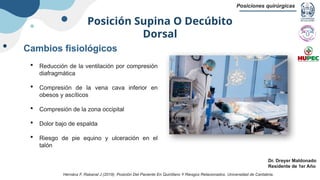 Posición Supina O Decúbito
Dorsal
Posiciones quirúrgicas
Dr. Dreyer Maldonado
Residente de 1er Año
 Reducción de la ventilación por compresión
diafragmática
 Compresión de la vena cava inferior en
obesos y ascíticos
 Compresión de la zona occipital
 Dolor bajo de espalda
 Riesgo de pie equino y ulceración en el
talón
Cambios fisiológicos
Hernánz F, Rabanal J (2019). Posición Del Paciente En Quirófano Y Riesgos Relacionados. Universidad de Cantabria.
 