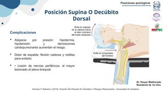 Posición Supina O Decúbito
Dorsal
Posiciones quirúrgicas
Dr. Dreyer Maldonado
Residente de 1er Año
Complicaciones
 Alopecia por presión: hipotermia,
hipotensión y derivaciones
cardiopumonares aumentan el riesgo.
 Dolor de espalda: flexión caderas y rodillas
para evitarlo.
 • Lesión de nervios periféricos: el mayor
lesionado el plexo braquial.
Hernánz F, Rabanal J (2019). Posición Del Paciente En Quirófano Y Riesgos Relacionados. Universidad de Cantabria.
 