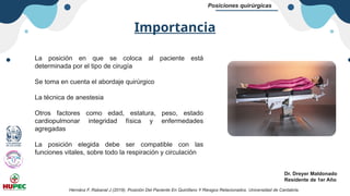 Dr. Dreyer Maldonado
Residente de 1er Año
Posiciones quirúrgicas
La posición en que se coloca al paciente está
determinada por el tipo de cirugía
Se toma en cuenta el abordaje quirúrgico
La técnica de anestesia
Otros factores como edad, estatura, peso, estado
cardiopulmonar integridad física y enfermedades
agregadas
La posición elegida debe ser compatible con las
funciones vitales, sobre todo la respiración y circulación
Importancia
Hernánz F, Rabanal J (2019). Posición Del Paciente En Quirófano Y Riesgos Relacionados. Universidad de Cantabria.
 
