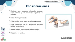 Dr. Dreyer Maldonado
Residente de 1er Año
Posiciones quirúrgicas
 Mantener una adecuada alineación corporal:
cuello-columna y de miembros superiores e
inferiores
 Evitar úlceras por presión
 Evitar presión sobre vasos sanguíneos y nervios
 Evitar obstáculos en la respiración: evitando
presión sobre el tórax
 Permitir acceso adecuado a la zona quirúrgica
 Protección de catéteres
Consideraciones
 