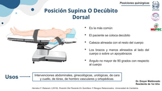 Posición Supina O Decúbito
Dorsal
Posiciones quirúrgicas
Dr. Dreyer Maldonado
Residente de 1er Año
 Es la más común
 El paciente se coloca decúbito
 Cabeza alineada con el resto del cuerpo
 Los brazos y manos alineados al lado del
cuerpo o sobre un apoyabrazos
 Ángulo no mayor de 90 grados con respecto
al cuerpo
Intervenciones abdominales, ginecológicas, urológicas, de cara
y cuello, de tórax, de hombro vasculares y ortopédicas.
Usos
Hernánz F, Rabanal J (2019). Posición Del Paciente En Quirófano Y Riesgos Relacionados. Universidad de Cantabria.
 