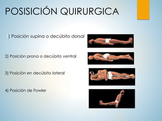 POSISICIÓN QUIRURGICA
1) Posición supina o decúbito dorsal
2) Posición prona o decúbito ventral
3) Posición en decúbito lateral
4) Posición de Fowler
 
