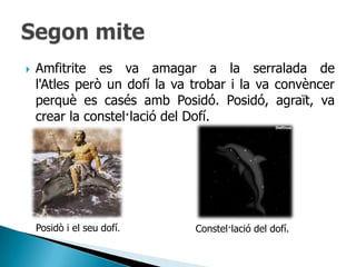    Amfitrite es va amagar a la serralada de
    l'Atles però un dofí la va trobar i la va convèncer
    perquè es casés amb Posidó. Posidó, agraït, va
    crear la constel·lació del Dofí.




    Posidò i el seu dofí.      Constel·lació del dofí.
 