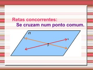 Retas concorrentes: Se cruzam num ponto comum. 