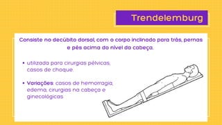 Trendelemburg
utilizada para cirurgias pélvicas,

casos de choque.
Variações: casos de hemorragia,

edema, cirurgias na cabeça e

ginecológicas
Consiste no decúbito dorsal, com o corpo inclinado para trás, pernas

e pés acima do nível da cabeça.
 