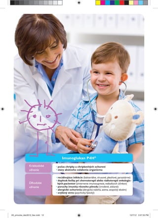 Imunoglukan P4H®
Krátkodobé
užívanie
Dlhodobé
užívanie
• počas chrípky a chrípkovitých ochorení
• stavy akútneho oslabenia organizmu
• recidivujúce infekcie (bakteriálne, vírusové, plesňové, parazitárne)
• doplnok liečby pri chemoterapii alebo rádioterapii onkologic-
kých pacientov (zmiernenie imunosupresie, nežiadúcich účinkov)
• poruchy imunity rôzneho pôvodu (vrodené, získané)
• alergické ochorenia (alergická nádcha, astma, atopický ekzém)
• zvýšený stres (psychický, fyzický)
A5_prirucka_dec2012_tlac.indd 12A5_prirucka_dec2012_tlac.indd 12 12/7/12 3:57:33 PM12/7/12 3:57:33 PM
 