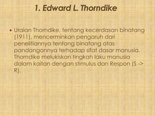  Uraian Thorndike, tentang kecerdasan binatang
 (1911), mencerminkan pengaruh dari
 penelitiannya tentang binatang atas
 pandangannya terhadap sifat dasar manusia.
 Thorndike melukiskan tingkah laku manusia
 dalam kaitan dengan stimulus dan Respon (S ->
 R).
 