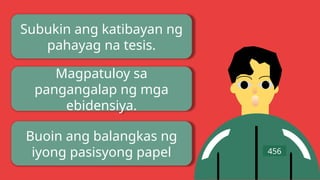 Subukin ang katibayan ng
pahayag na tesis.
Magpatuloy sa
pangangalap ng mga
ebidensiya.
Buoin ang balangkas ng
iyong pasisyong papel 456
 