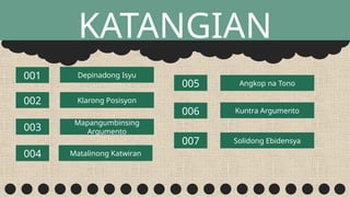 KATANGIAN
001
002
003
004
Depinadong Isyu
Angkop na Tono
Klarong Posisyon
Mapangumbinsing
Argumento
Matalinong Katwiran
Solidong Ebidensya
Kuntra Argumento
007
006
005
 