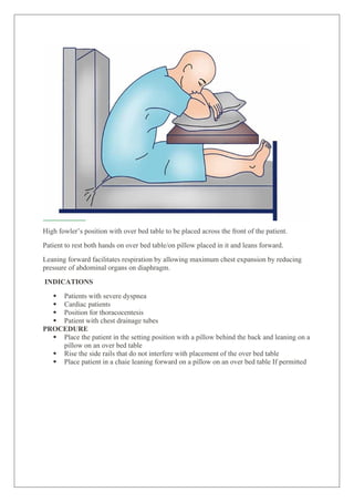 High fowler’s position with over bed table to be placed across the front of the patient.
Patient to rest both hands on over bed table/on pillow placed in it and leans forward.
Leaning forward facilitates respiration by allowing maximum chest expansion by reducing
pressure of abdominal organs on diaphragm.
INDICATIONS
 Patients with severe dyspnea
 Cardiac patients
 Position for thoracocentesis
 Patient with chest drainage tubes
PROCEDURE
 Place the patient in the setting position with a pillow behind the back and leaning on a
pillow on an over bed table
 Rise the side rails that do not interfere with placement of the over bed table
 Place patient in a chaie leaning forward on a pillow on an over bed table If permitted
 